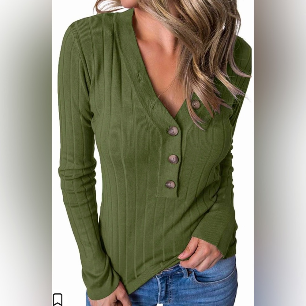 Merokeety Green Ribbed Henley V Neck Sweater Size Small